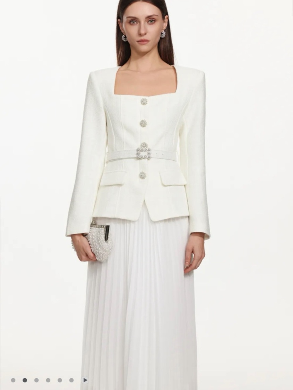NEW- White Pleated Midi Dress with Square Neck and Jewel Buttons and belt